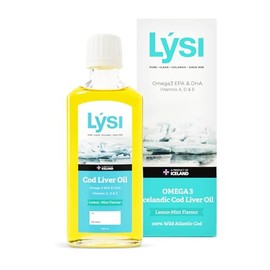 LÝSI, Omega 3 en Aceite de Bacalao, Contiene Vitaminas A, D3 y E, Sabor limón/menta, Para toda la familia, Contribuye a la salud cerebral, de la vista y ósea, Sin gluten y azúcar, 240 ml.