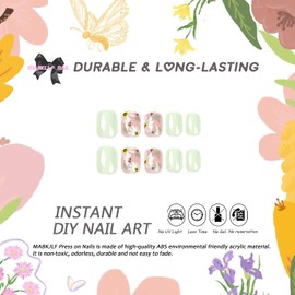 Short Press on Nails Square French Tip Fake Nails Full Cover False Nails with Colorful Flower Designs Glossy False Nails with Nail Glue Artificial Acylic Nails for Women Girls 24 Pcs