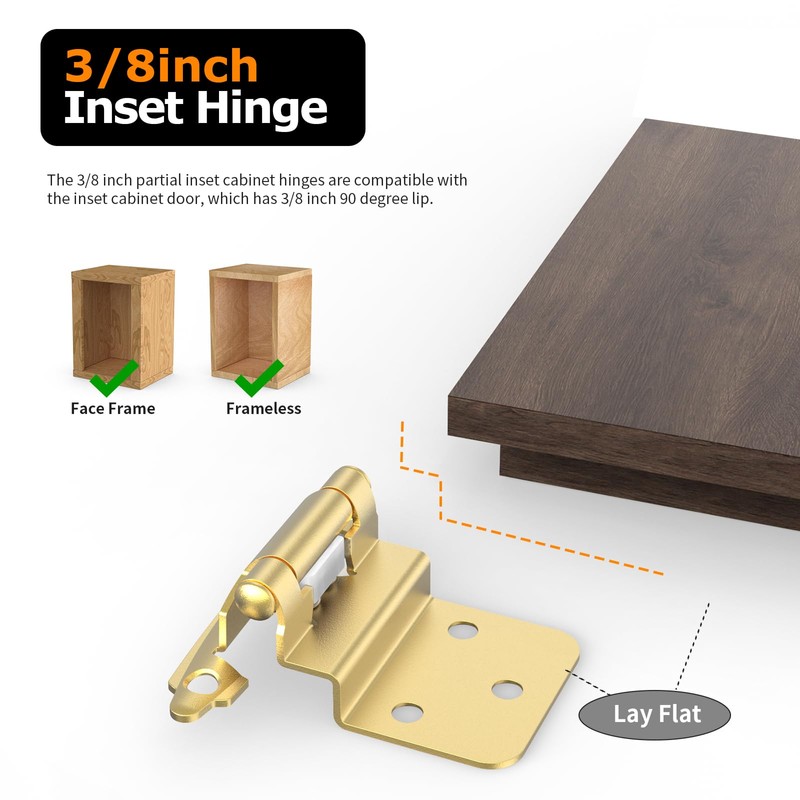 Chibery 10 Pack 3/8 inch Inset Gold Cabinet Hinges, Semi-Concealed