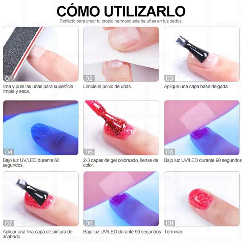Kit Lampara Uña Uv Gel 54w 12 Esmaltes Mate Cepillo