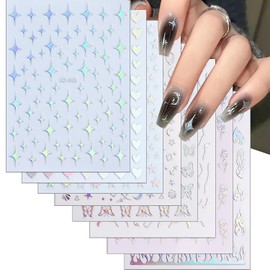 8 Sheets Glitter Star Nail Stickers for Nail Art 3D Holographic Heart Star Nail Design Stickers Shiny Stripes Star Moon Nail Decals Laser Heart Bow Nail Art Supplies for Women and Girls Nail Set