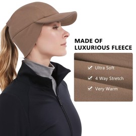 GADIEMKENSD Winter Fleece Hats Reflective Ponytail Hat for Women Baseball Caps with Ear Warmer Earflap Drop Down Mens Skull Cap Beanie with Visor Cold Hat for Outdoor Hiking Running Snow Ski Brown