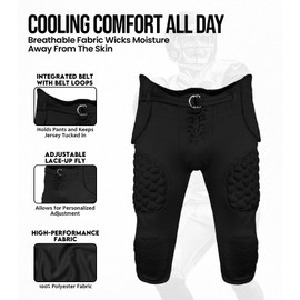 Exxact Sports Rebel Mens Integrated Football Pants with Built-in Pads, Lightweight Football Practice Pants with Lace-up Fly (AXL, Black)