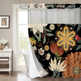 MitoVilla No Hooks Required Extra Long Shower Curtain Set with Snap-in Liner, 86 inch XL Boho Floral Heavyweight Fabric Cloth Shower Curtains for Chic Luxury Modern Bathroom Decor