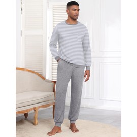 Ekouaer Men's Long Soft Pyjamas Nightwear Set with Pocket and Cuffs S-XXXL, gray, 3XL