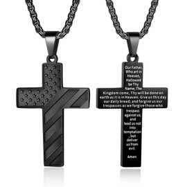 ZRAY American Flag Cross Necklace for Men Stainless Steel Chain 24inch Bible Verse Pendant Patriotic Jewelry Inspirational Christian Gift for Men(B-OUR FATHER)