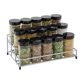 Kamenstein 15 Jar Lincoln Countertop Spice Rack with Spices Included, FREE Spice Refills for 5 Years, Chrome with Black Caps , 9.5 x 5.8 x 9