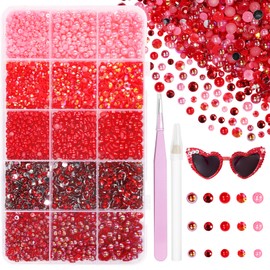 12000 Pcs Red Flatback Pearls and Rhinestones for Crafting, 3-5 mm Jelly Resin Rhinestones, Mixed Size Half Pearl Bedazzling Gems for Nail DIY Crafts Mugs Bottles Tumblers Clothes Makeup
