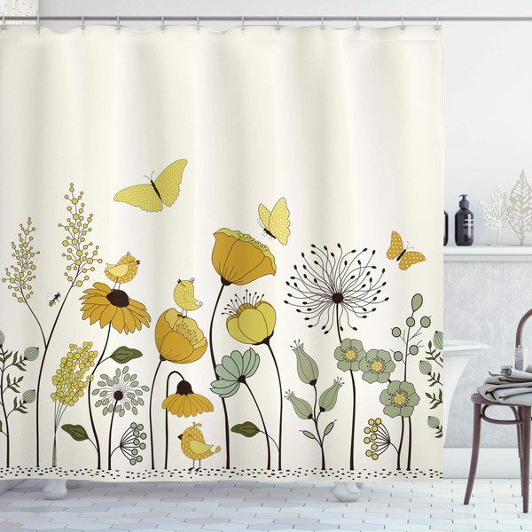 ABAKUHAUS Spring Shower Curtain, Dot Winged Butterflies, Fabric Fabric Bathroom