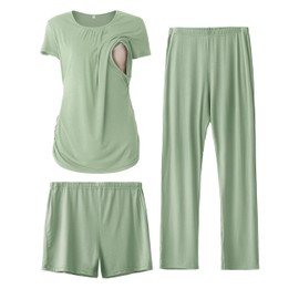 SUNNYBUY Women's Maternity Nursing Pyjamas Set, Short Sleeve Breastfeeding Shirts，Pregnancy Shorts & Pants 3 Piece Maternity Clothes Nightwear, Greyish-green L