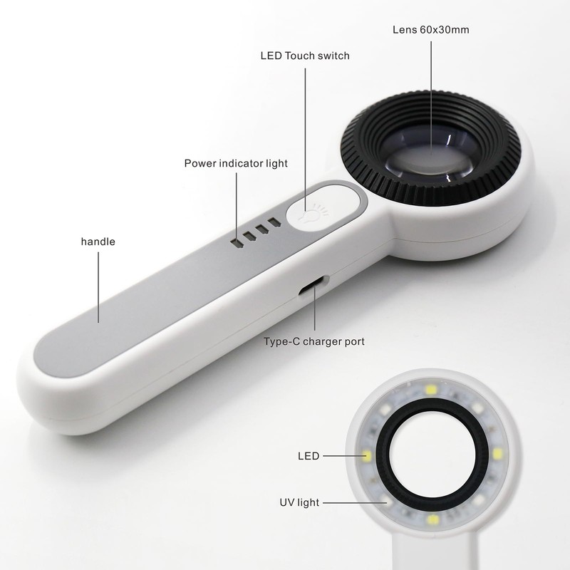 60X Handheld Magnifier with UV&LED Lights Jeweler Loups Magnifying Glass