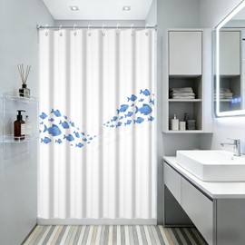 Yeele School of Fish Minimalist Ocean Wave Shower Curtain, Blue Coastal Shower Curtain Set, Waterproof Washable Fabric Bath Curtain 48x72 Inch with Grommets and Hooks