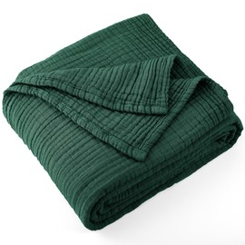 Carriediosa 100% Cotton Muslin Throw Blanket 70" X 80" Twin Size，4-Layers Summer Gauze Throws for Bed Couch，Soft Lightweight Breathable Linen Blankets Bedspread for Adults All Season，Dark Green