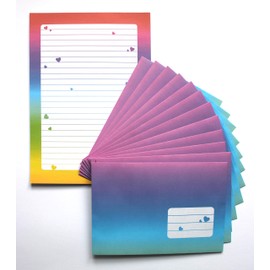 Writing Paper Set Girls (25 Sheets) DIN A5 Lined with 12 Matching Envelopes Writing Pad Letter Pad Colour Gradient Hearts Colourful Rainbow Children's Pad Writing Paper Love Letter Gift You Decide