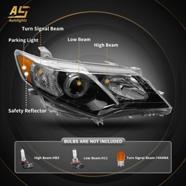 AS Headlights Assembly Replacement for 2012 2013 2014 Toyota Camry L/Se/Le/Xle/Hybrid Black Housing Amber Reflector Clear Lens Driver and Passenger Side