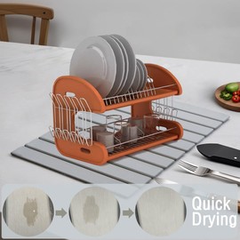 AWFTSTL Large Stone Dish Drying Mat For Kitchen Counter, Collapsible Quick Dry Diatomaceous Earth Dish Drying Mat, 16''W x 24''L Gray Heat Resistant Drying Mat For Kitchen Dishes Bottles Cups