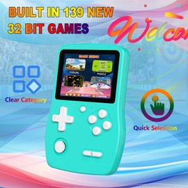 32 Bit Handheld Game for Kids Preloaded 139 Retro Video Games, 3.0'' IPS Screen and Rechargeable Battery Portable Gaming System, Mini Travel Electronic Toy Gifts for Boys Girls (Cyan)