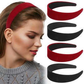 Huiguli Women's Headbands, 4 Pieces Wide Velvet Headbands, Solid Non-Slip Fashion Hair Bands, Vintage Headband for Women Girls, Red and Black