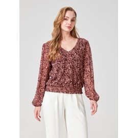 TUREAU Women Long-Sleeve Chiffon Blouse,V-Neck Business Causual Outfits Floral Print Shirts Tops(M,Floral)