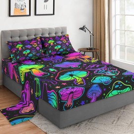 WeCozy Twin Size 3 Pcs Bed Fitted Sheet Set with 14" Deep Pocket, Summer Purple Plant Flat Sheet Set for Kids and Adults, Colorful Neon Mushroom Bedding Set with Pillowcase