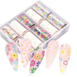 SILPECWEE 10 Rolls Flower Nail Foil Daisy Nail Transfer Foil Holographic Nail Art Foil Iridescent Foil for Nails Fingernail Stickers Nails for Women Manicure Design 3D Nail Art Decoration