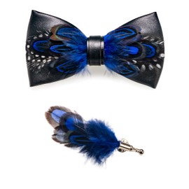 RBOCOTT Mens Handmade Feather Pre-tied Bow tie and Brooch Sets (blue/navy)