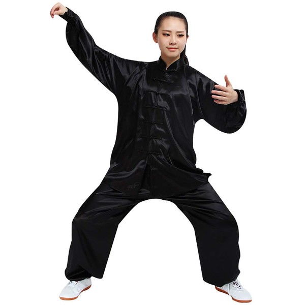 Adult Traditional Tai Chi Uniform Lightweight Stretchy Silk Wushu Suit Chinese Kung Fu Tai Chi Chuan Performance Wear (Black, L)