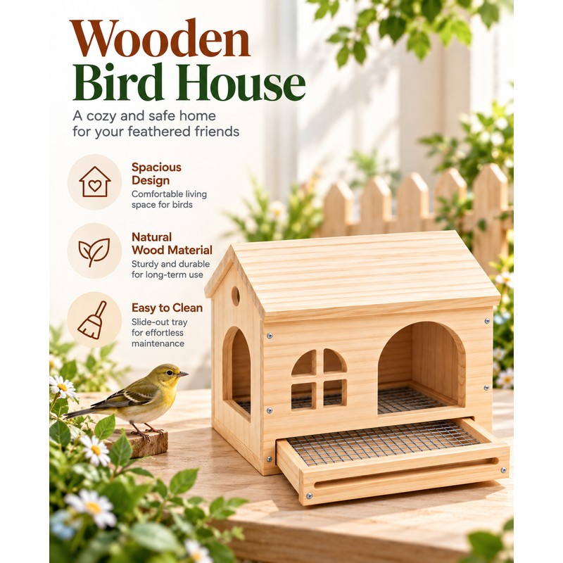 Wooden Bird House for Small Birds – Removable Bottom Net,