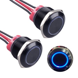 DMWD 2Pcs 19mm Metal Latching Push Button Switch Waterproof 7Amp 12V-24V ON-Off 1NO Black Shell with Cable for 3/4" Mounting Hole (Self-Locking Blue LED)