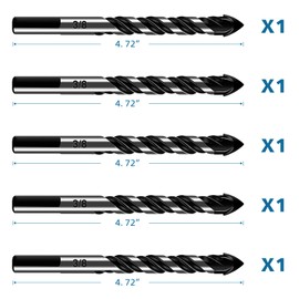 5-Piece 3/8“ Masonry Drill Bits for Tile Glass Ceramic Wall Brick Stone Soft-Metal Wood, 3/8 Inch Concrete Drill Bits Cement Drill Bit Set, 3-Flat Shank, YG8 Carbide Tungsten Steel Alloy Tip 10mm