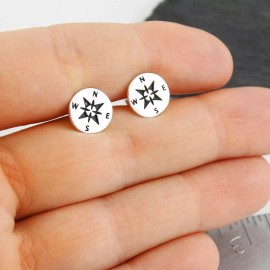 FashionJunkie4Life Round Compass Stud Earrings - 925 Sterling Silver - 6mm Etched Post Graduation