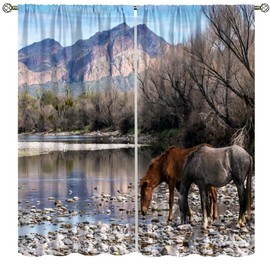 Horse Curtains Forest Animal Horse Wild Landscape Mountain River 3D Print Window Treatments for Bedroom Living Room Rod Pocket Window Drapes 2 Panel Set,Total Size 42" x 45"