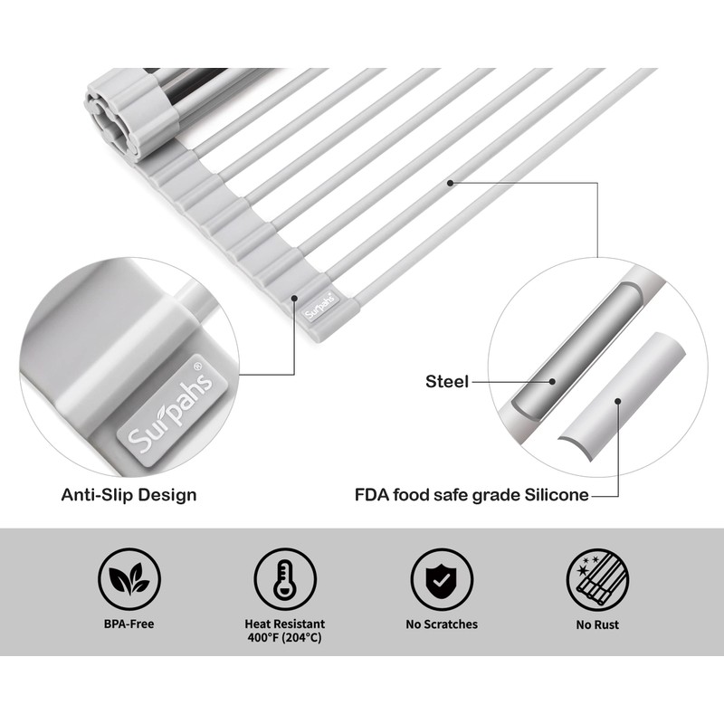 Surpahs Roll-Up Dish Drying Rack, Warm Gray, 20.5" x 13.1",