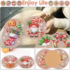 ijbnhd Christmas Diamond Painting Coasters Kits, 8 Pieces Gingerbread Snowman Diamond Art Coasters with Holder, DIY Art kit for Beginners 4X4inch (Cork Wooden Pad)
