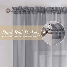 Lecloud Grey Sheer Curtains 63 Inch Long 2 Panels, Elegant Voile Drapes for Dinning Small Windows, Light Filtering Voile Curtain for Living Room Bedroom Bathroom, Dual Rod Pocket, 40" Wx63 L