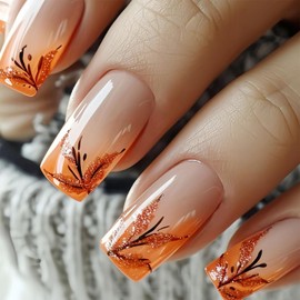 Square Press on Nails Medium Fake Nails Red Maple Leaves Designs Glitter Glue on Nails Full Cover Nails Press ons Fall False Nails Glossy Artificial Stick on Nails for Women Autumn 24Pcs