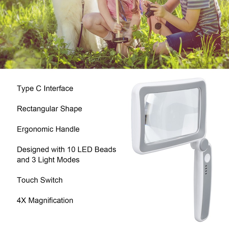 Rectangular Magnifying Glass 4X 3 LED Modes Touch Control Ergonomic