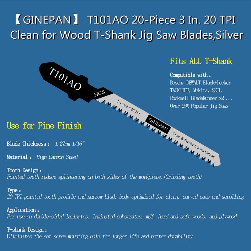 Jigsaw Blades T Shank 20PCS T101AO with Case, Compatible with