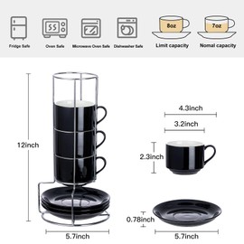 CHILDIKE 8 Ounce Porcelain Cappuccino Cups with Saucers and Silver Stand, Black Cups Set of 4