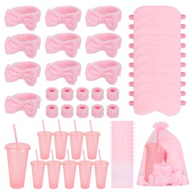 TXMLXY 50 Pieces Spa Sleepover Party Supplies Slumber Party Supplies Include 10 Pink Headband 10 Eye Masks 10 wristbands 10 Organza Bags 10 Pink Plastic Cups Tumbler for Spa Birthday Party