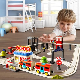 Slot Car Race Track Playset with 2 Electric Train Locomotive and 2 Carriages, City Simulated Scene Train Set Track Children's Gifts Ideas for Birthdays Toys for Boys & Girls Age 3+