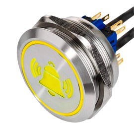 XL LED Push Button with Bell Symbol Made of V2A Stainless Steel Installation Diameter 40 mm with Colour-Illuminated Flat LED Push Button Waterproof IP67 AC/DC Yellow