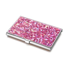 ALKKDPS Metal Business Card Holder, Flip Slim Pocket Card Holder, Cute Aluminum Stainless Steel Name Card Holder for Men & Women Bright Pink Glitter