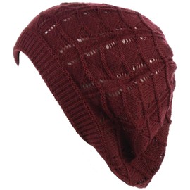 BYOS Chic Soft Knit Airy Cutout Lightweight Slouchy Crochet Beret Beanie Hat 2-Pack Burgundy & Black Stripe