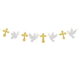 BLMHTWO Cross and Dove Garland Banner, Gold Silver Glitter God Bless Bautizo Baptism Decorations Banner Christening Party Supplies for Boys Girls First Holy Communion Baby Shower Wedding