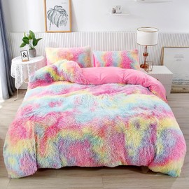 RYNGHIPY 3Pcs Ultra Soft Long Hair Plush Shaggy Duvet Cover with Pillowcases, Colorful Tie Dye Fluffy Velvet Bedding Set with Hidden Zipper Closure (Colorful Pink,Full)