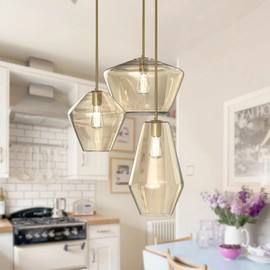 efperfect Modern Glass Pendant Light Champagne Gold Glass Chandelier Lighting Fixtures Dining Room Adjustable Hanging Cluster Pendant Lamp Nordic 3-Light Heads Pendant Lighting for Kitchen Bedroom