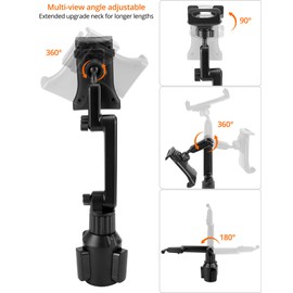QWORK® Universal Car Tablet Holder Smartphone Holder with Adjustable Long Arm and Expandable Base, Mount on Car Cup Holder Slot, Expandable Base 2.5"-4.3"