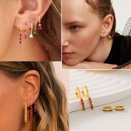 FUNEIA 2 Pairs of Earrings Gold Set Hanging Drop Women 14K Gold-Plated Hoop Earrings Golden Stud Earrings with Pendant Green Blue Green Stone Drop Fashion Jewellery Bijux Earring Gifts for Girls,