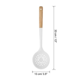 uxcell Silicone Cooking Spoons Kitchen Ladle Strainer Non Stick Filter Spoon with Wooden Handle for Mixing Serving Draining Stirring White